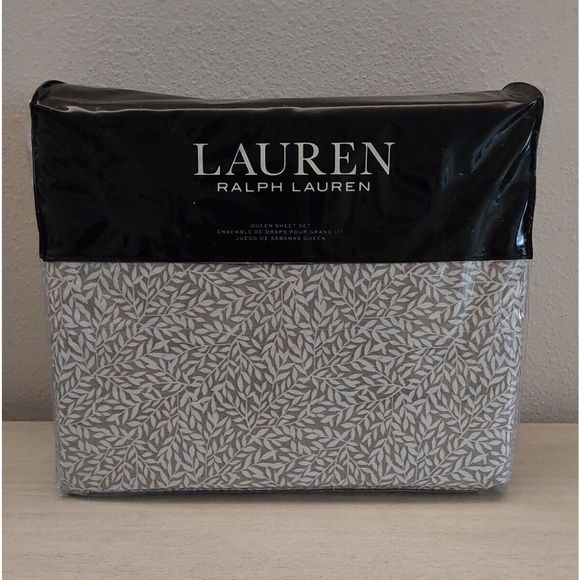 Ralph Lauren SPENCER LEAF SATEEN Grey 100% Cotton Queen Sheet Set Bedding - Picture 1 of 9